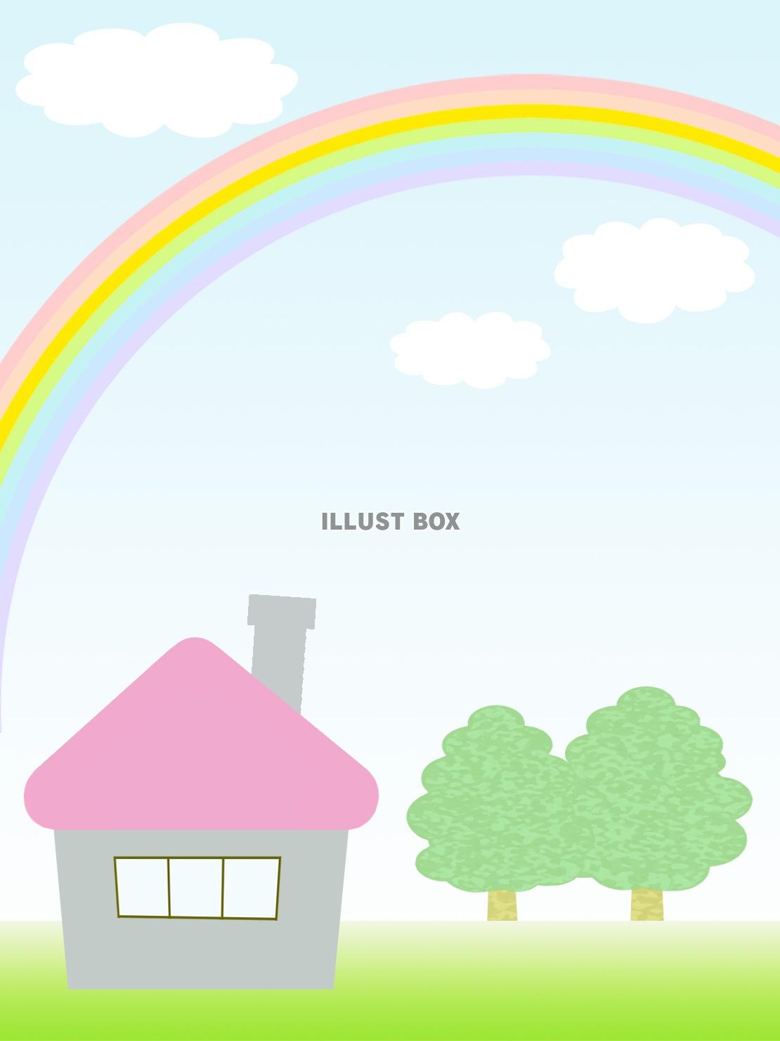 風景壁紙、虹と家と樹木の背景素材イラスト
