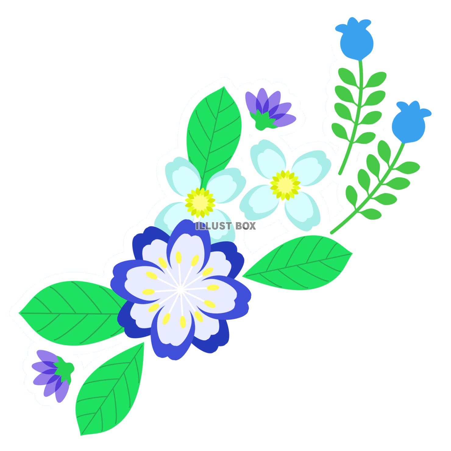 青い花と植物のイラスト