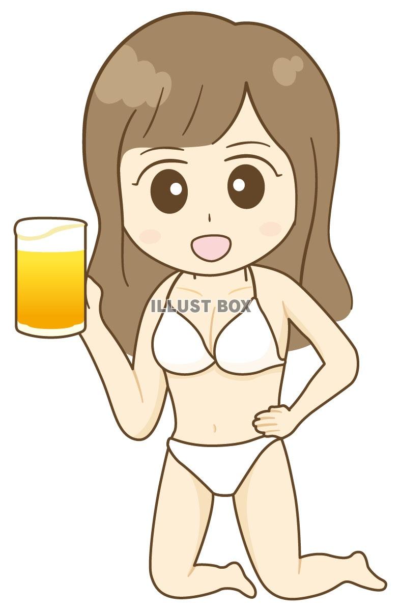 生ビールを持つ水着女性