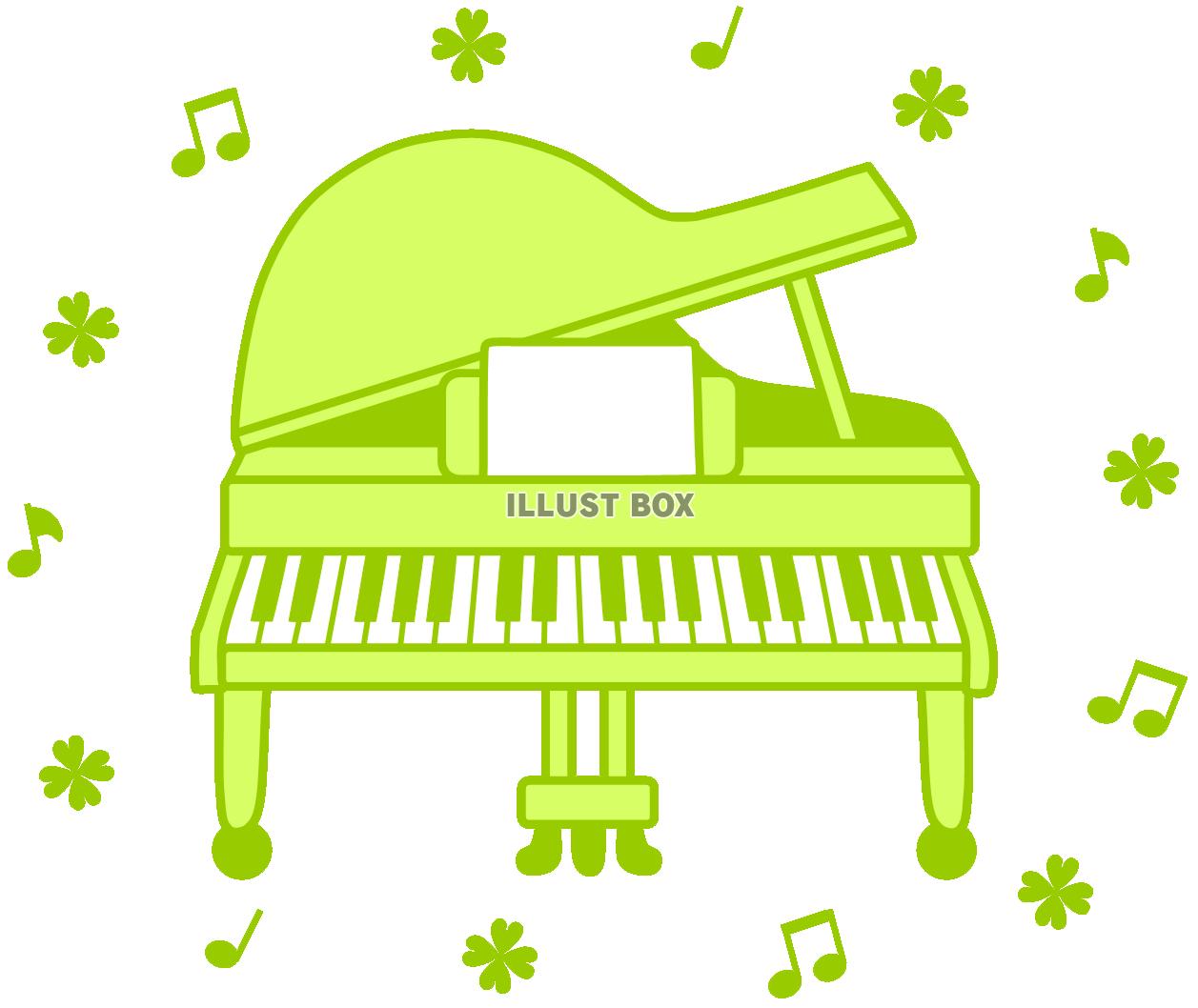 無料イラスト 緑色のピアノ 音符 クローバー 葉っぱ 楽器