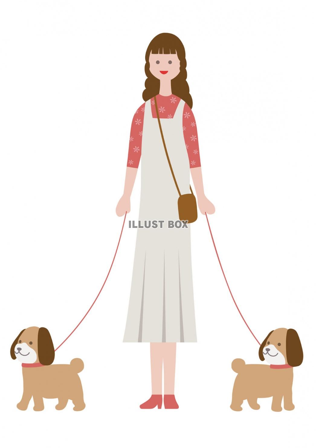 無料イラスト 犬の散歩中の女性