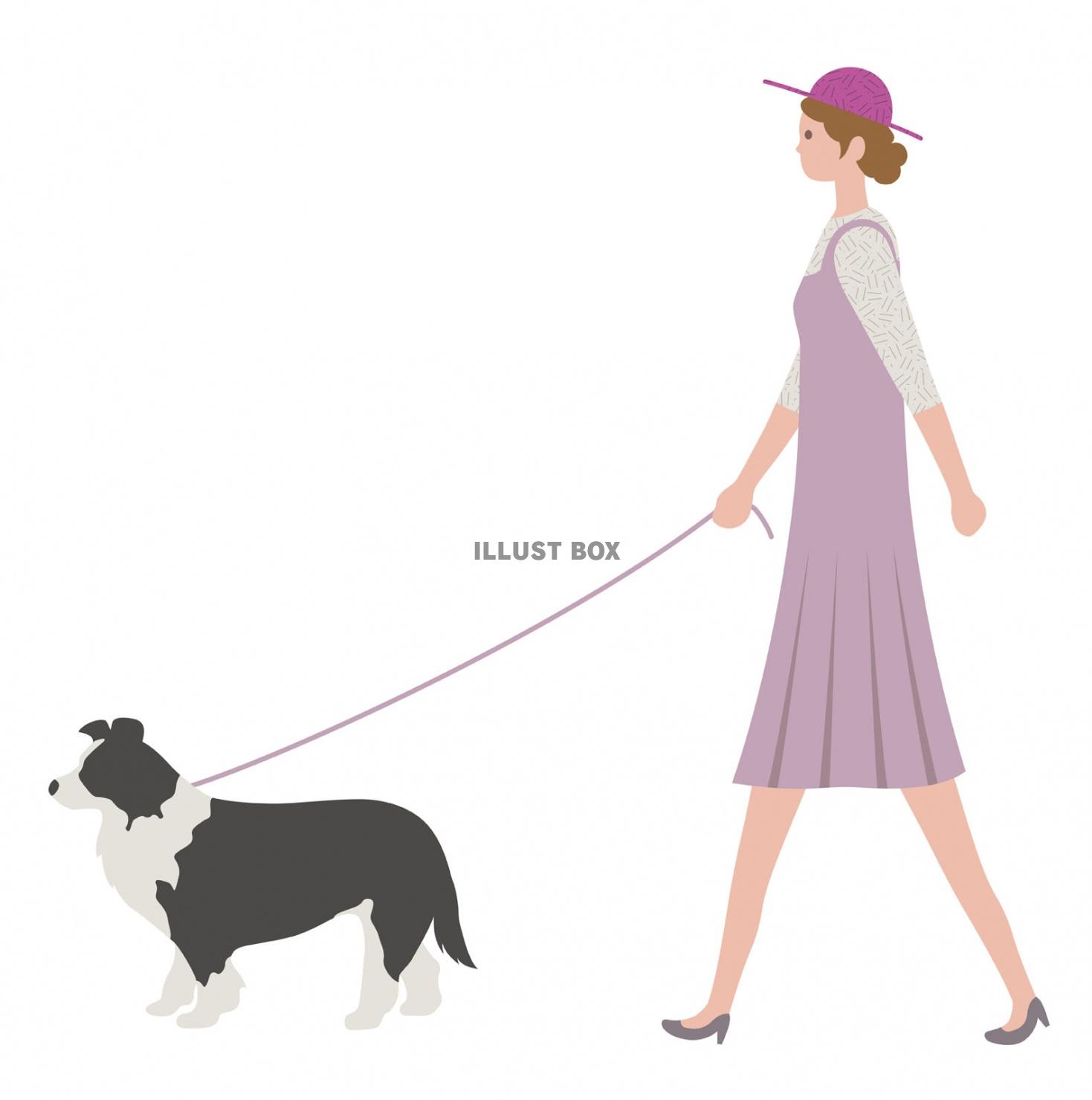 無料イラスト 犬の散歩中の女性