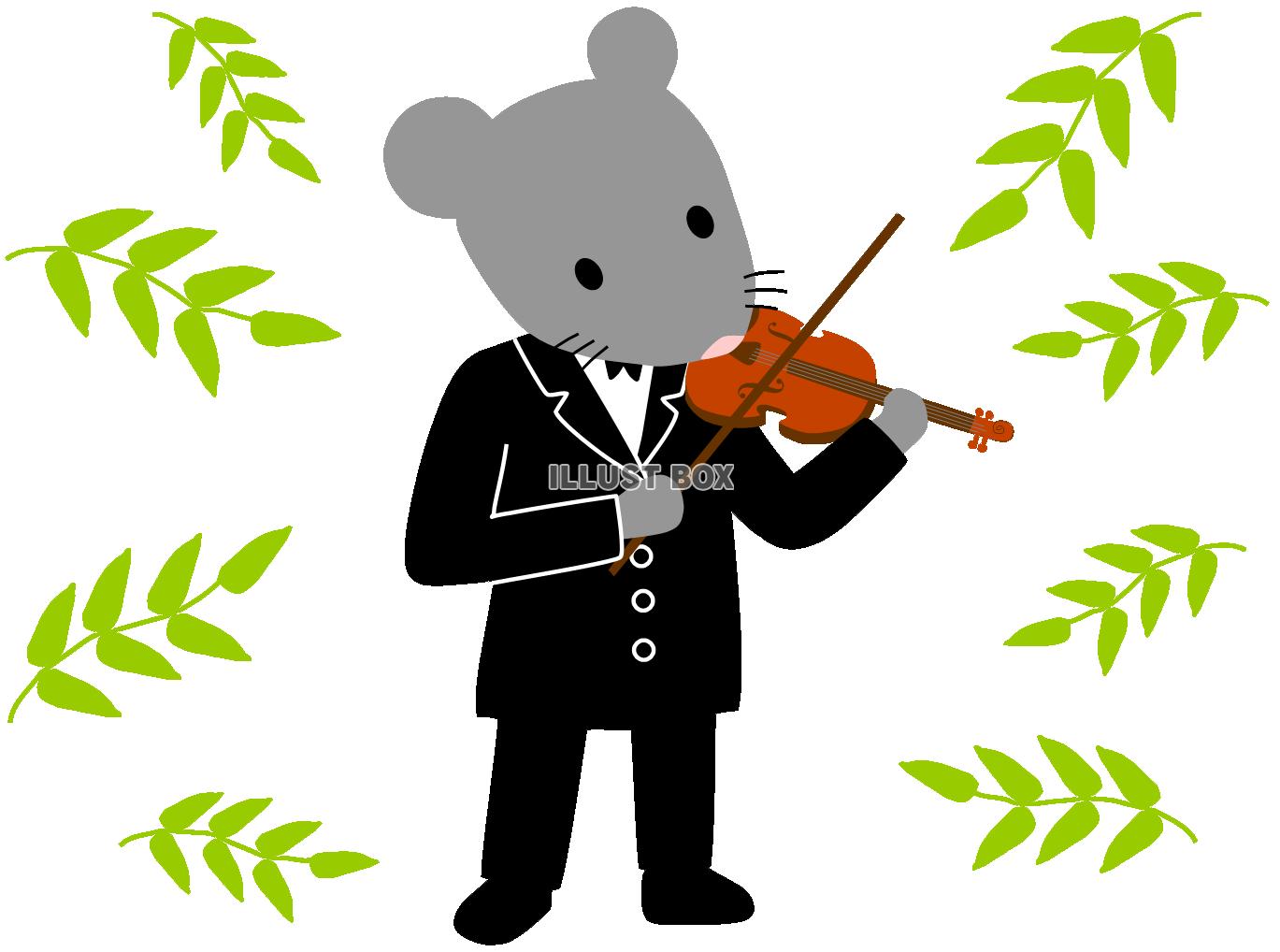無料イラスト バイオリンを弾くねずみと葉っぱ 楽器を演奏する動物 ネズミ