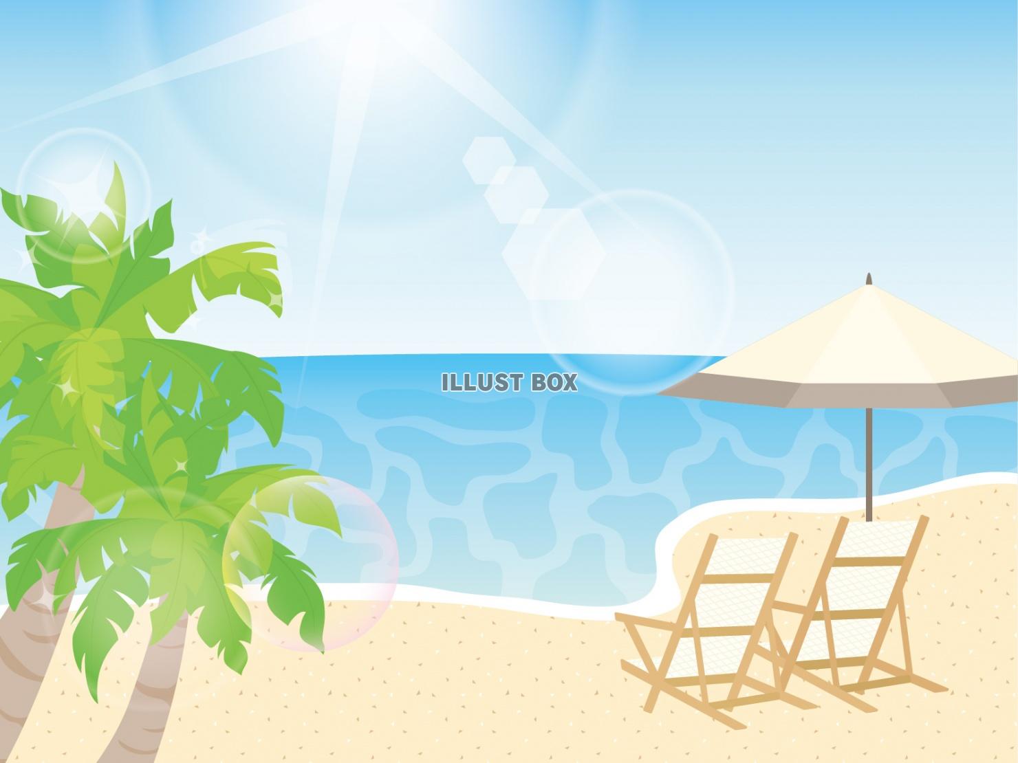 無料イラスト 南国リゾートのビーチ ヤシの木 パラソル 海 空 太陽 光