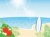 海とサーフボード(波　空　太陽　サーファー　ハイビスカス　トロピカル　砂浜)
