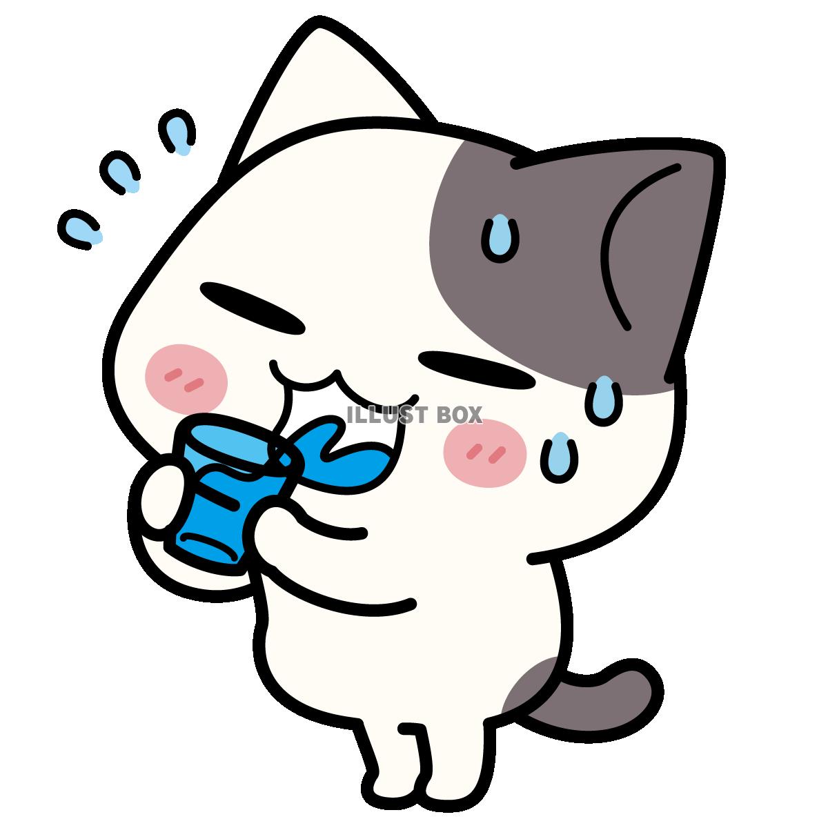 無料イラスト 熱中症対策の水分補給 ぶち猫 にゃんこ