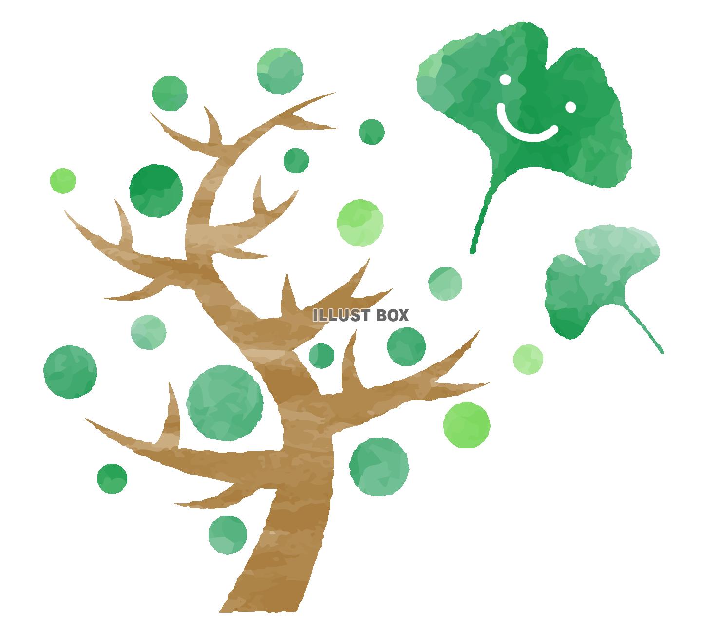 手描き風笑顔のイチョウの葉と緑の木
