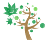手描き風笑顔のモミジの葉と緑の木