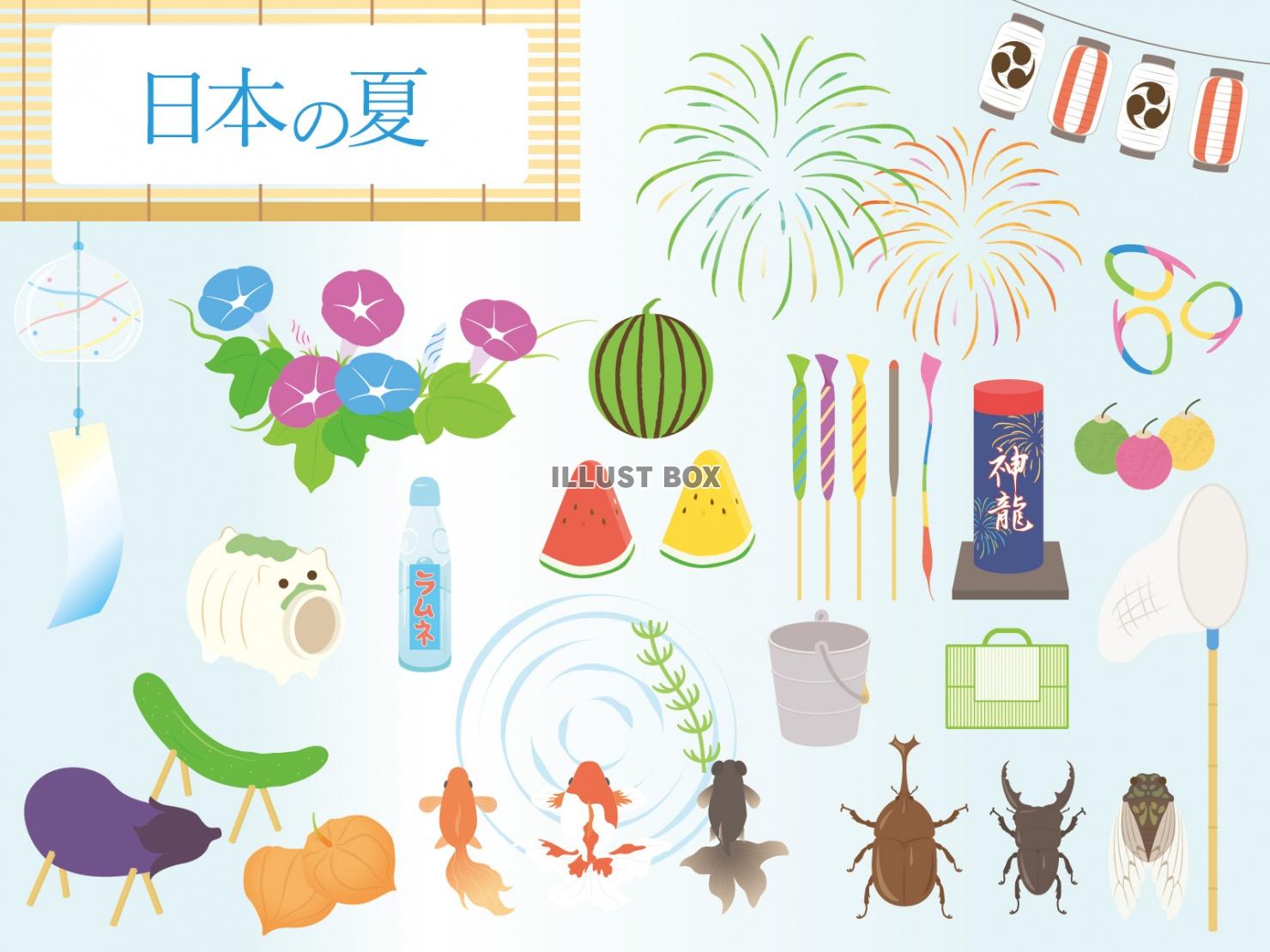 日本の夏セット　(花火、提灯、すだれ、風鈴、アサガオ、スイカ...