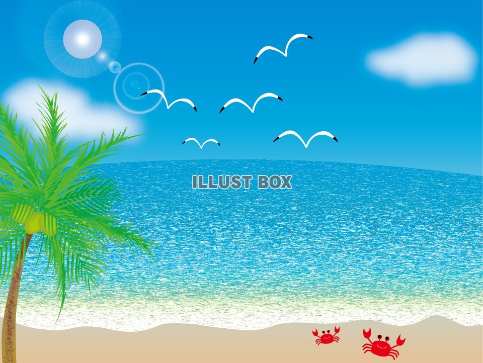 無料イラスト 青空と海とカモメとヤシの木 砂浜カニ