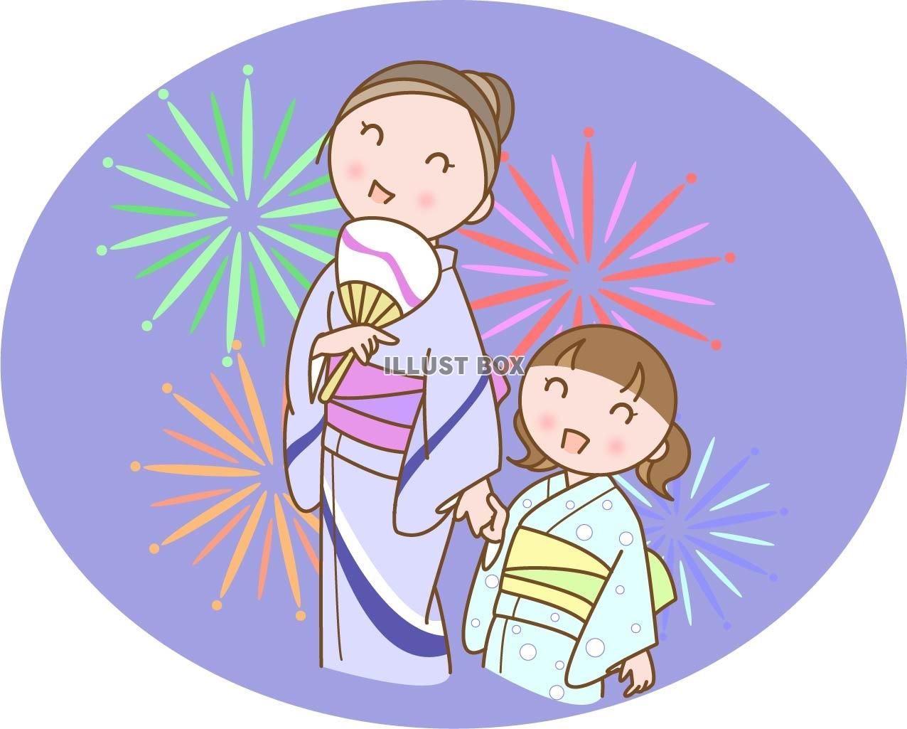 無料イラスト 花火と浴衣のママと子ども