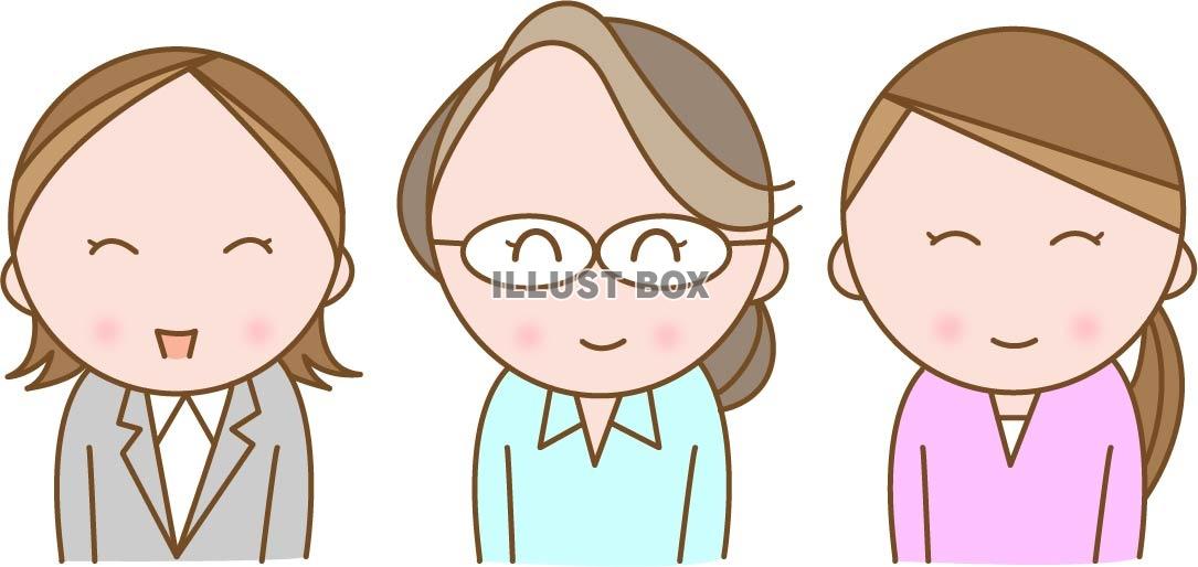 無料イラスト 横に並んだ3人の女性