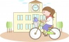 校舎と自転車通学の女子学生