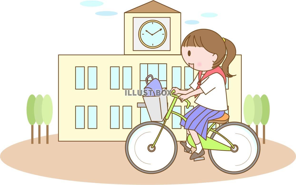 無料イラスト 校舎と自転車通学の女子学生