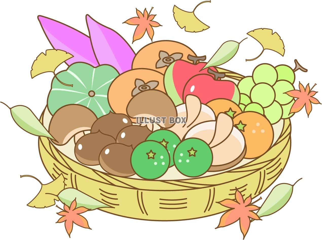 秋の味覚・かごに入った野菜・果物・キノコ