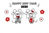 着物をきたネズミの2020年年賀状（赤モノクロ）