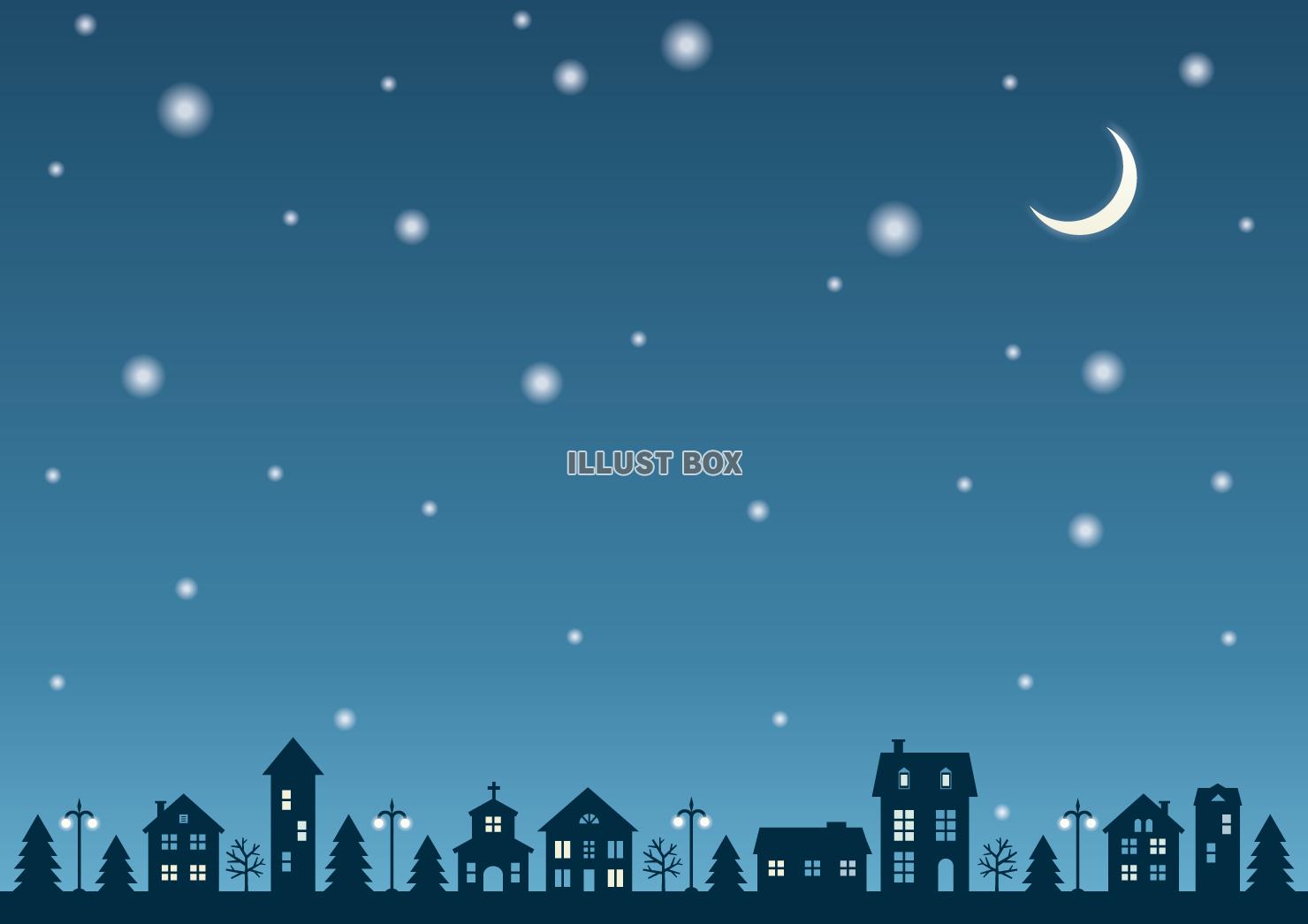 無料イラスト 雪景色の夜の町のフレーム 冬かわいいシンプル家12月１月