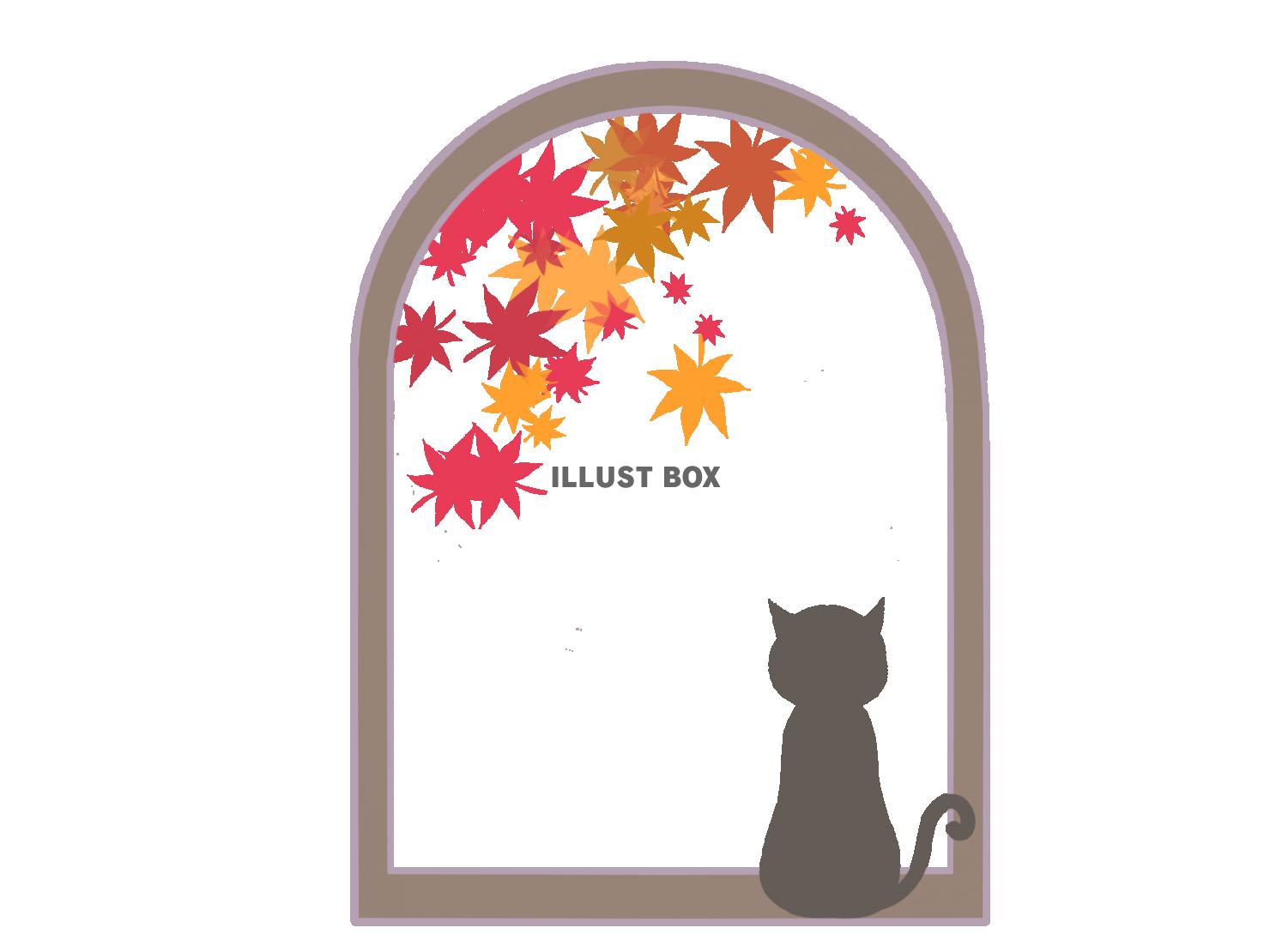 窓から紅葉を見る猫のイラスト