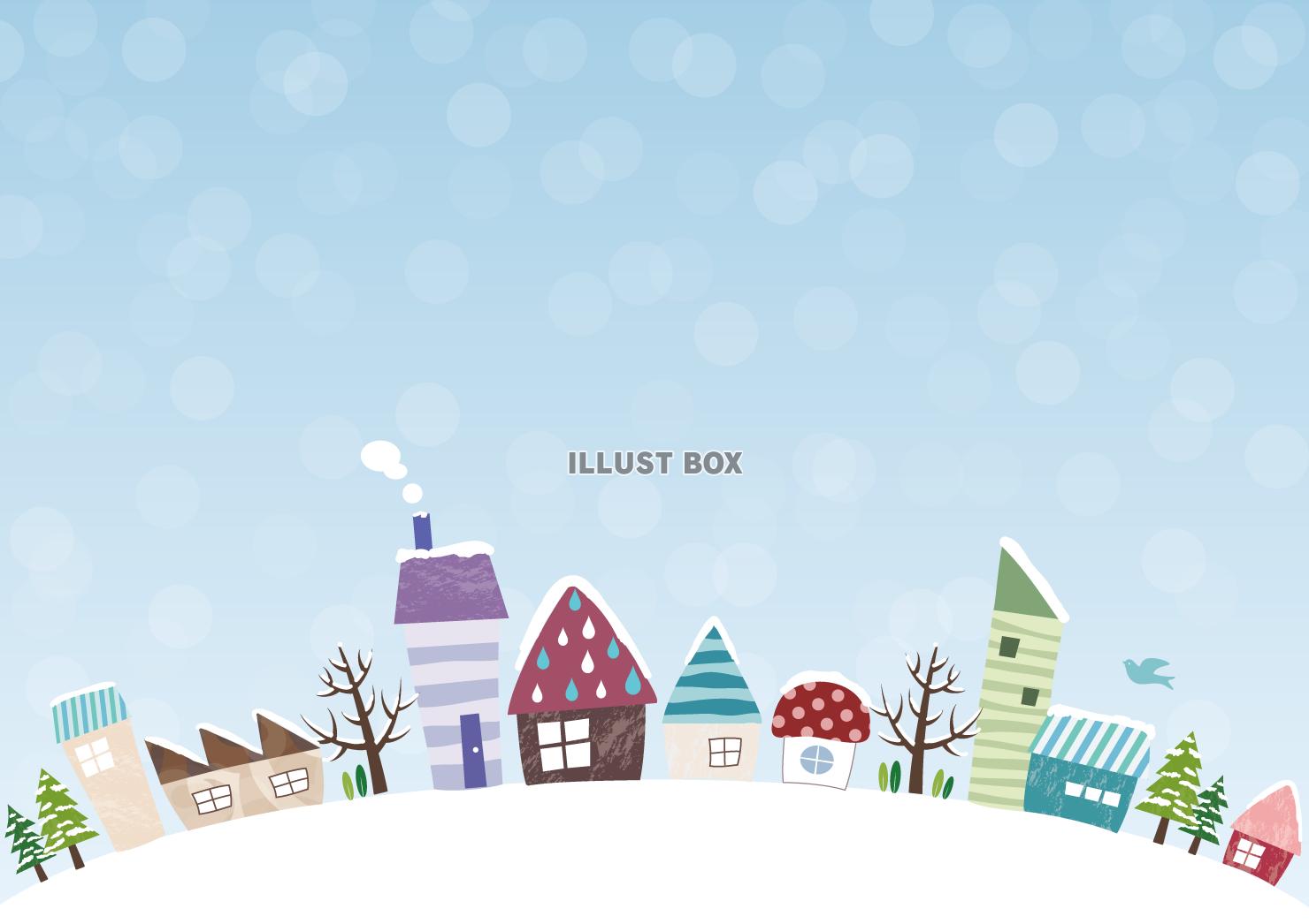 無料イラスト 雪景色の街のカード 冬家町おうち景色街並み木空12月1月2月