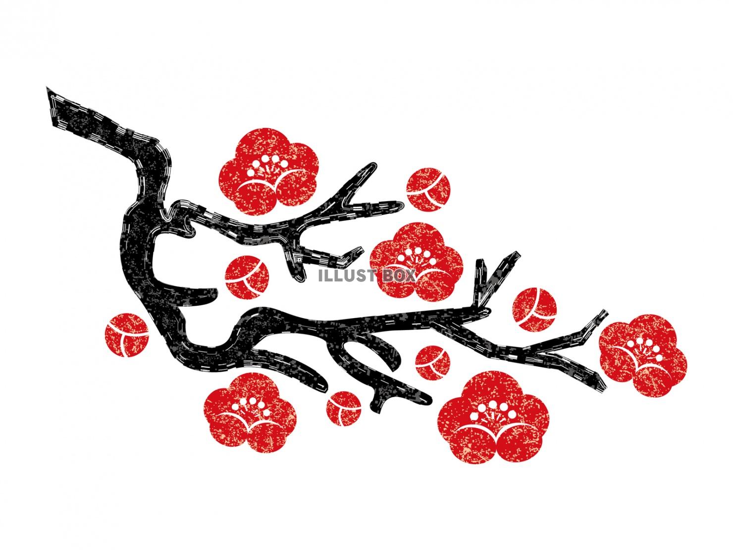 無料イラスト 梅枝の花シルエット赤黒素材 1月2月3月頃の植物