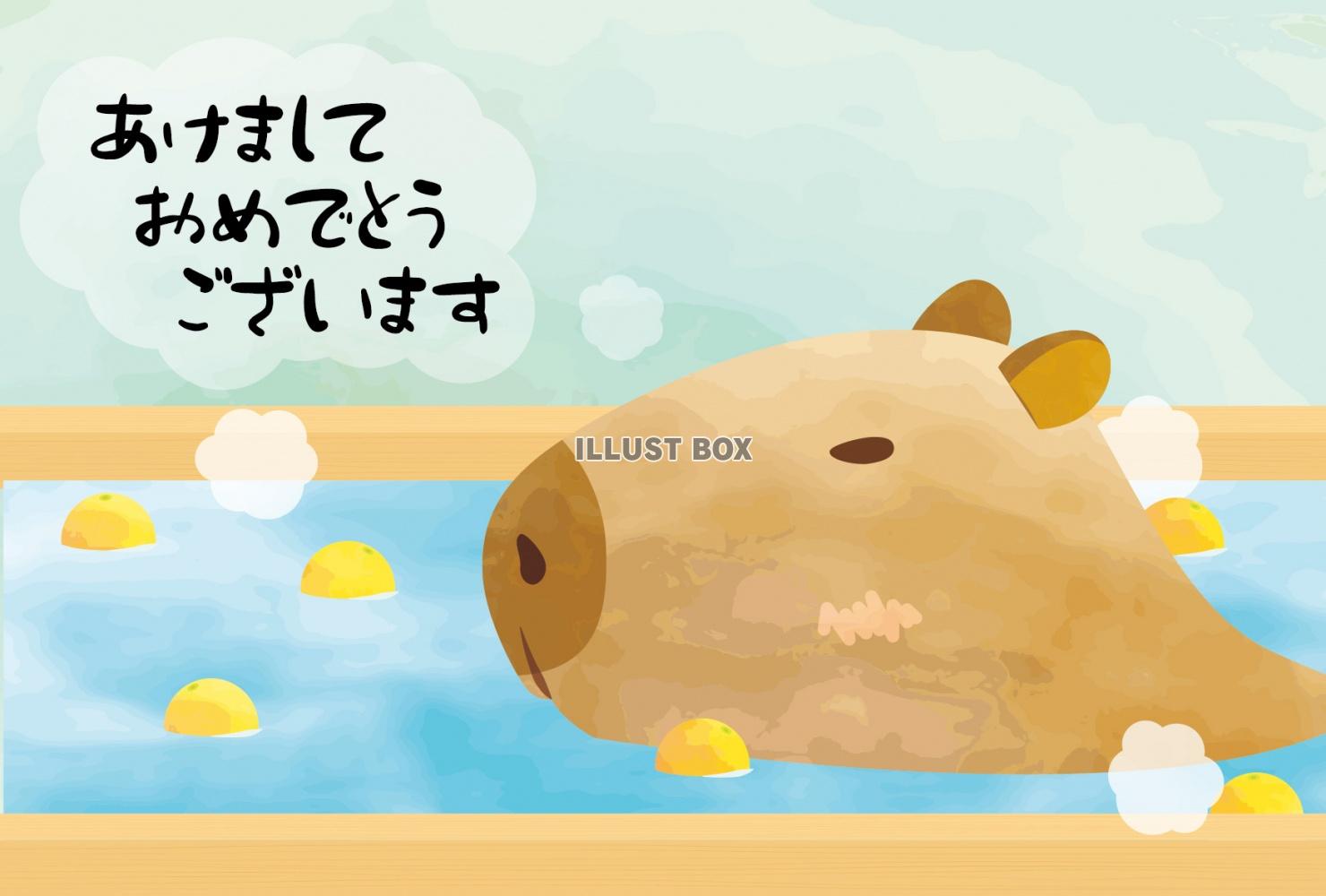 無料イラスト 子年 年賀状テンプレート011 ねずみカピバラ 温泉 柚子