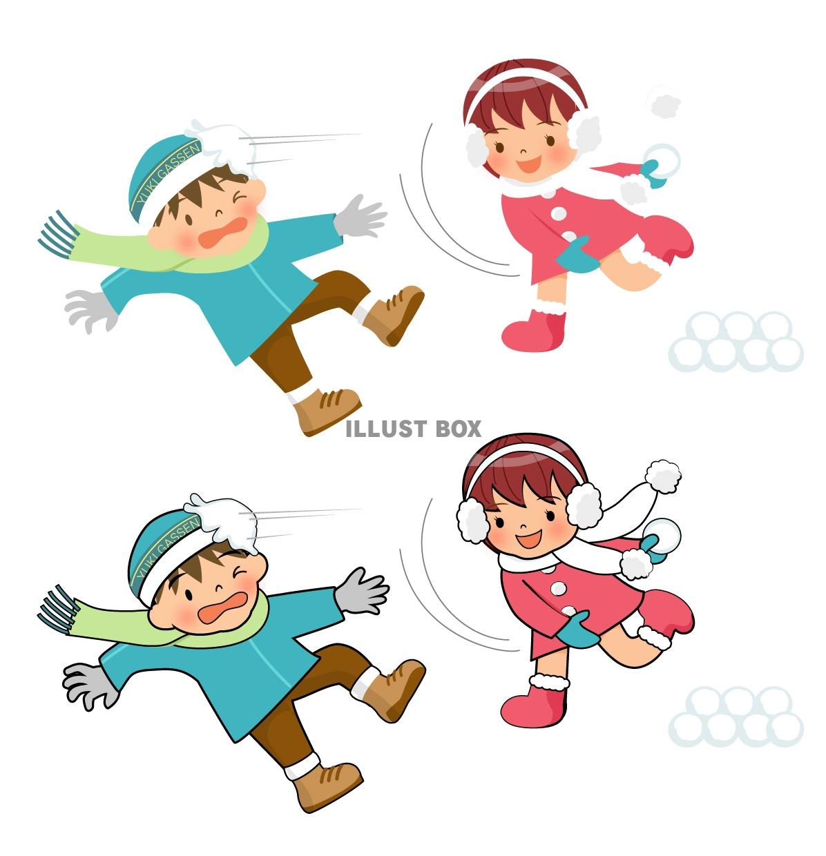 無料イラスト 雪合戦で遊ぶ子供