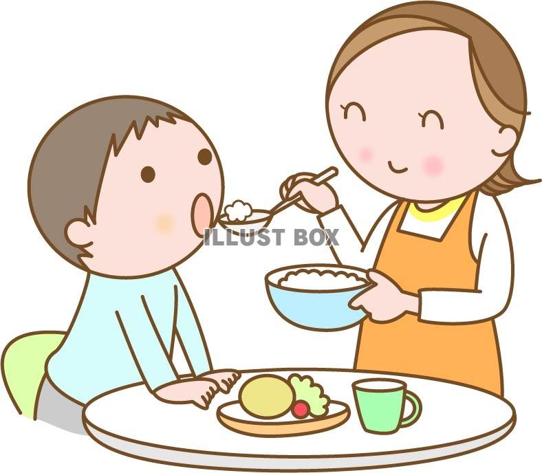 無料イラスト 子どもの食事補助をするママ