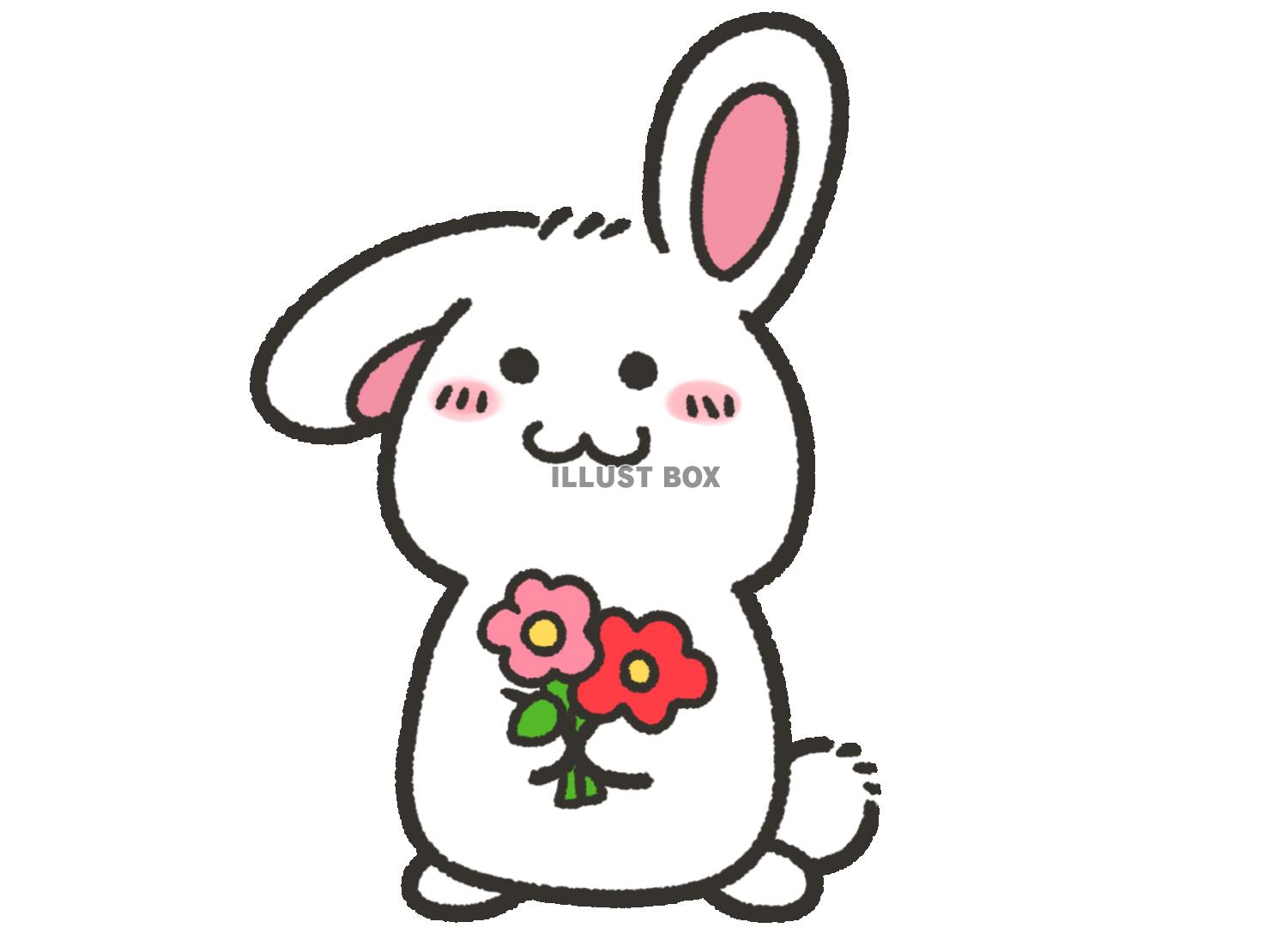 無料イラスト お花を持つかわいいウサギ