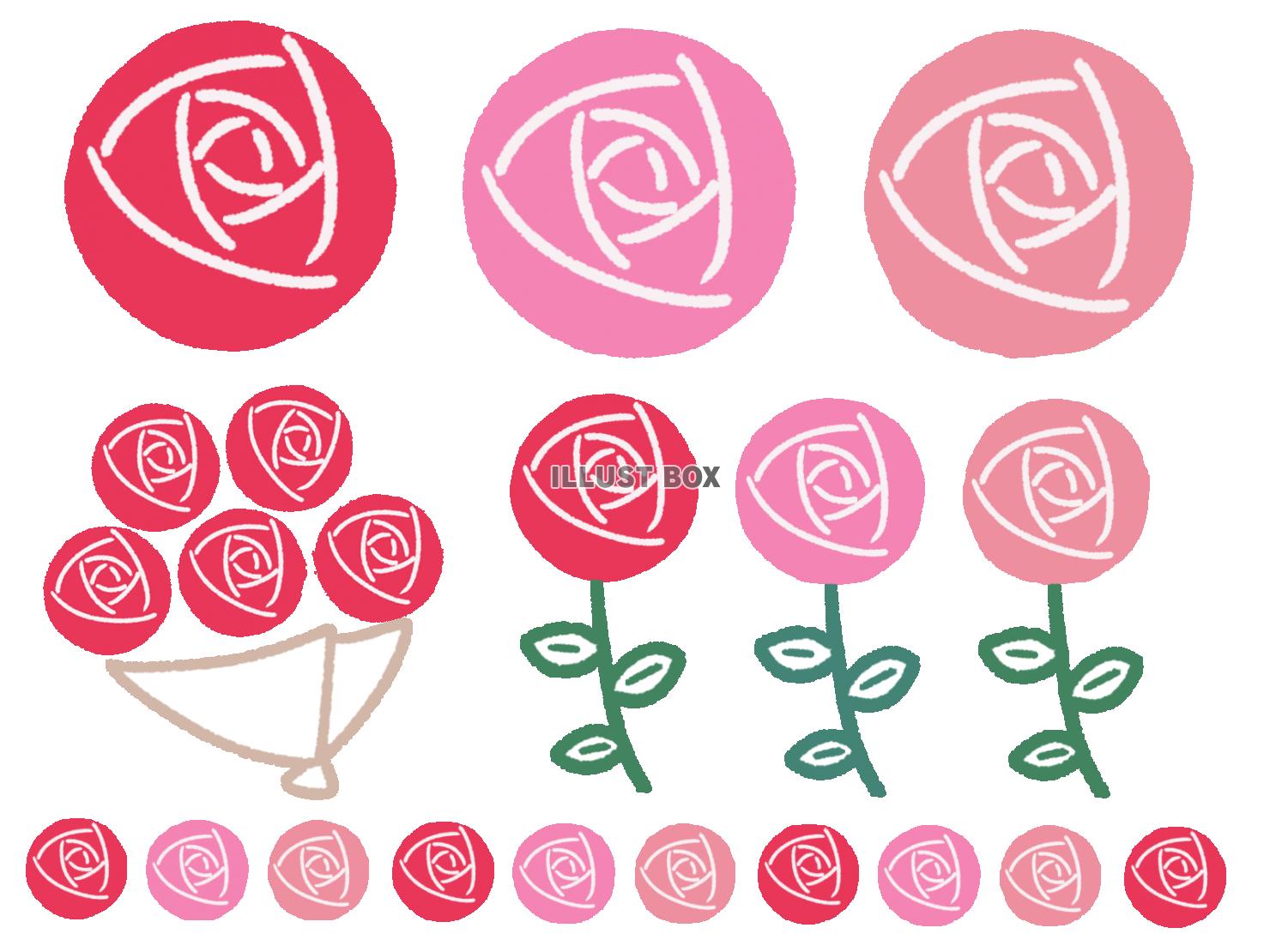 無料イラスト 手描き風 かわいいバラの素材セット