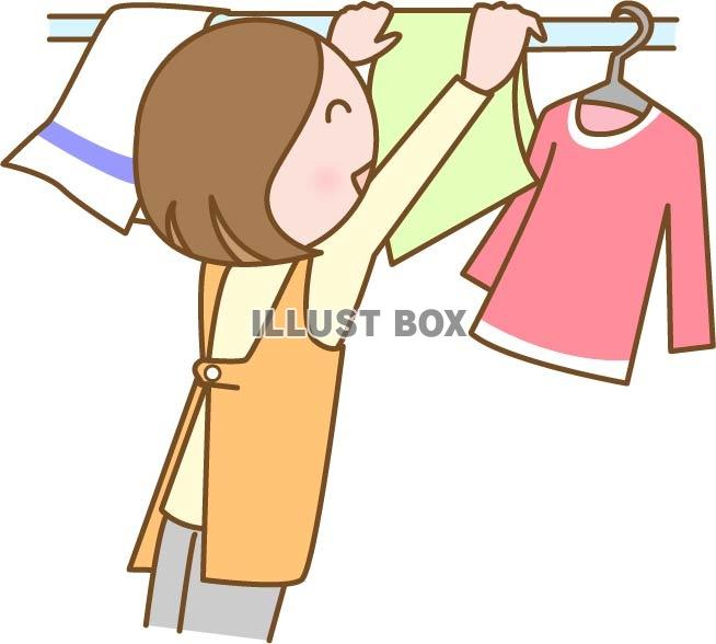 無料イラスト 洗濯物を干す 取り込む女性