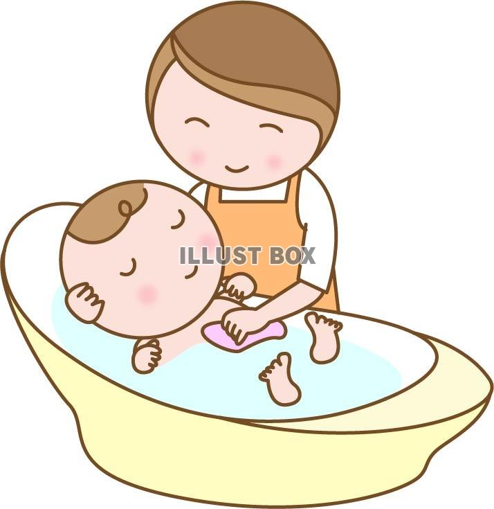 無料イラスト 沐浴をする赤ちゃんとママ