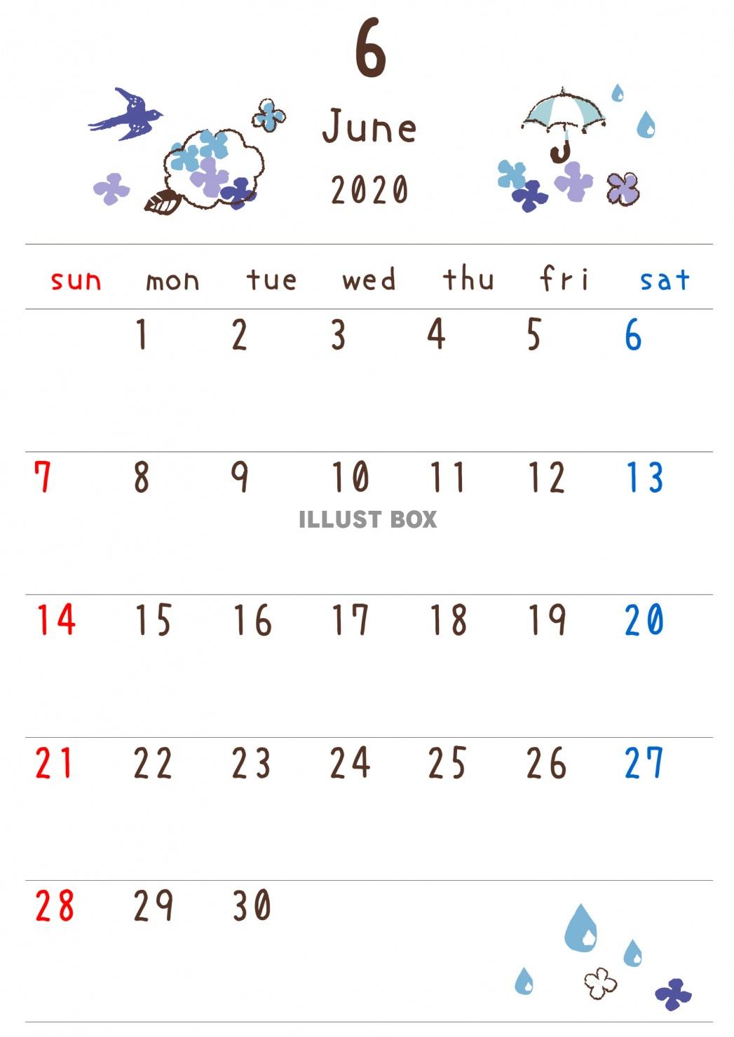 2020年6月カレンダー　季節の落書き