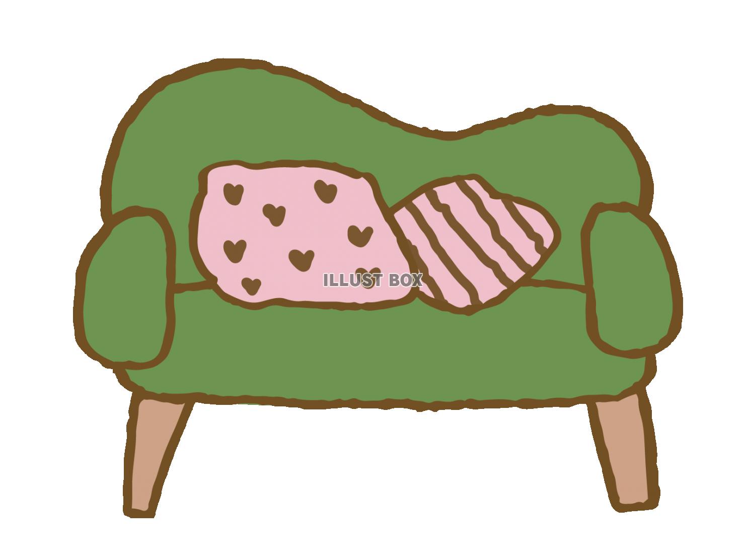 無料イラスト 緑のソファとピンクのクッション
