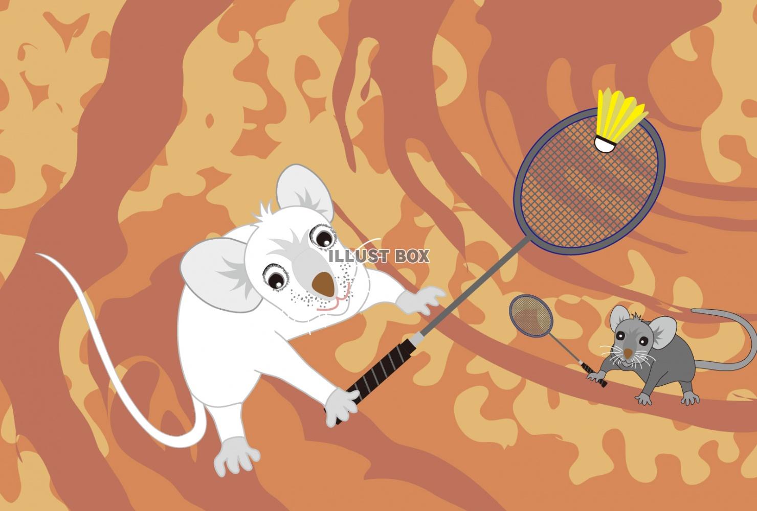 ネズミとバドミントンのスポーツ年賀状素材