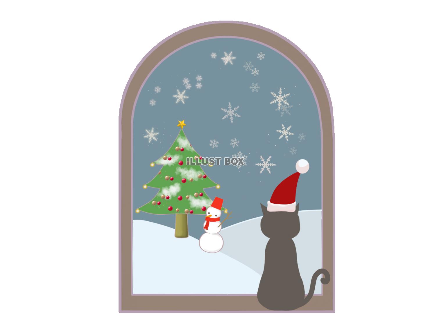 窓に座る猫のイラスト　クリスマス