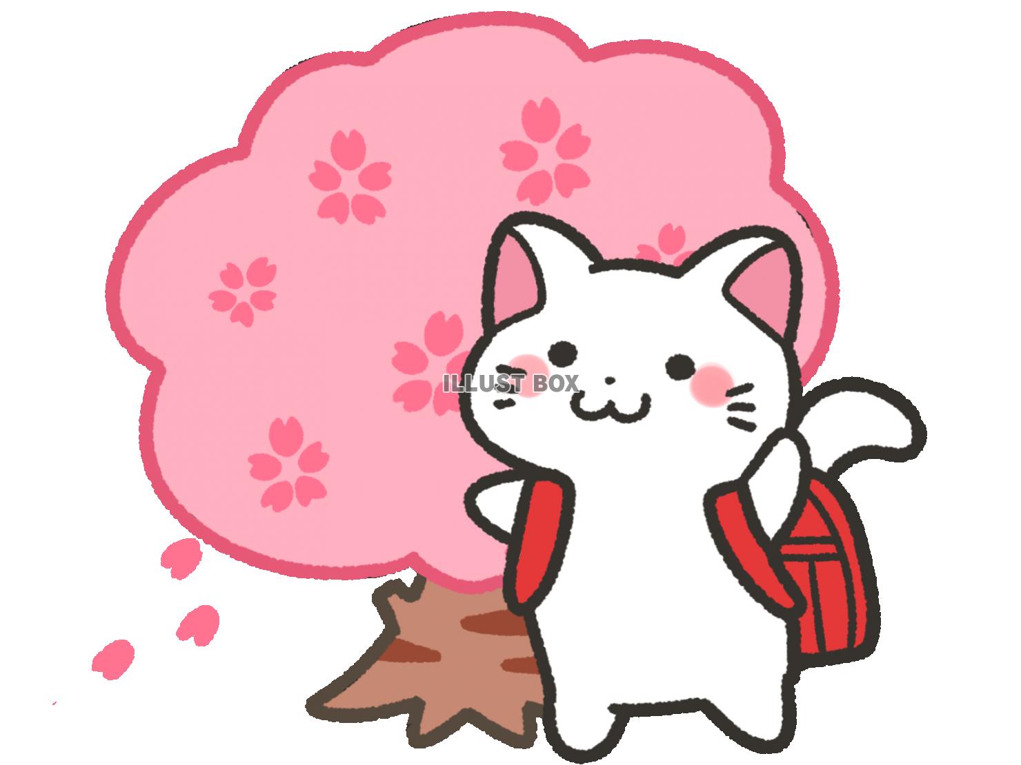 無料イラスト 桜の木とランドセルの猫