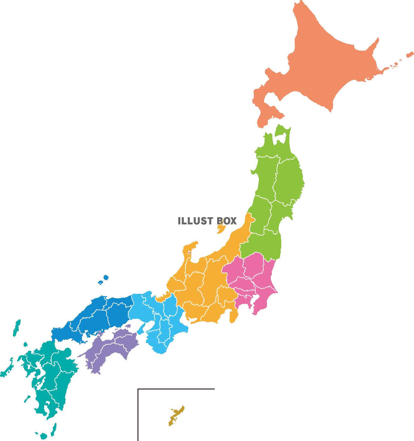 日本地図・地方区分（46都道府県／境界線あり）