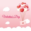 たくさんのハートの風船に繋がれたラブレターとバレンタインイメージ