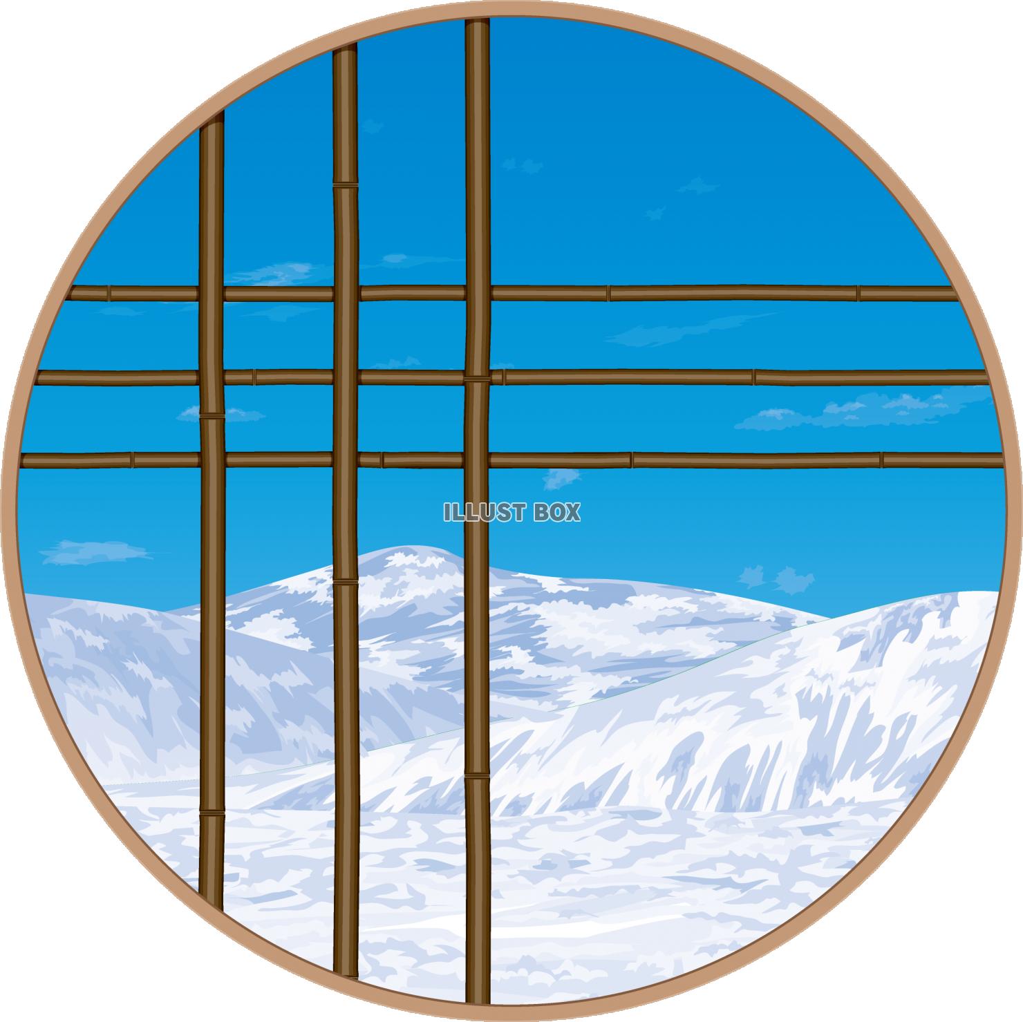 丸い和風飾り窓　雪景色　日本の冬イメージ