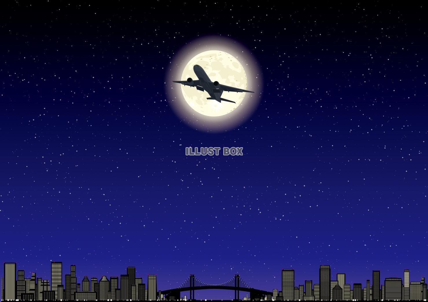 都会のビル群の夜景　月とジェット機