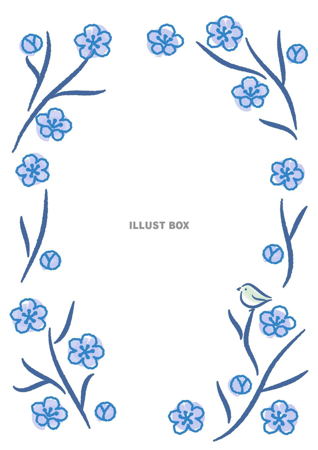 無料イラスト 梅の花の手描きフレーム 青 縦