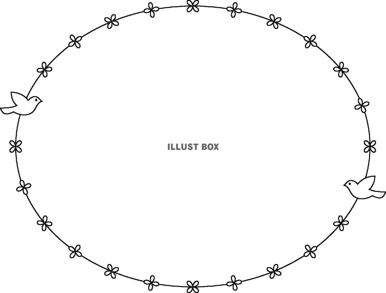無料イラスト 鳥とクローバーのシンプルな楕円フレーム モノクロ