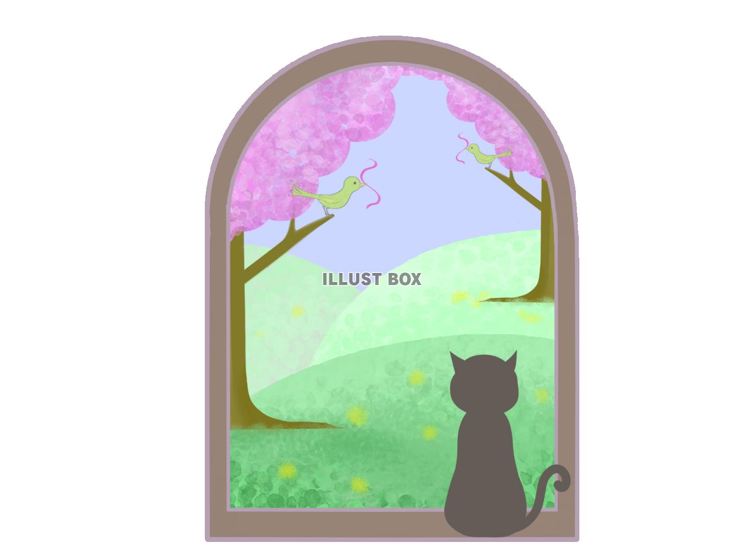 窓際に座る猫のイラスト　春