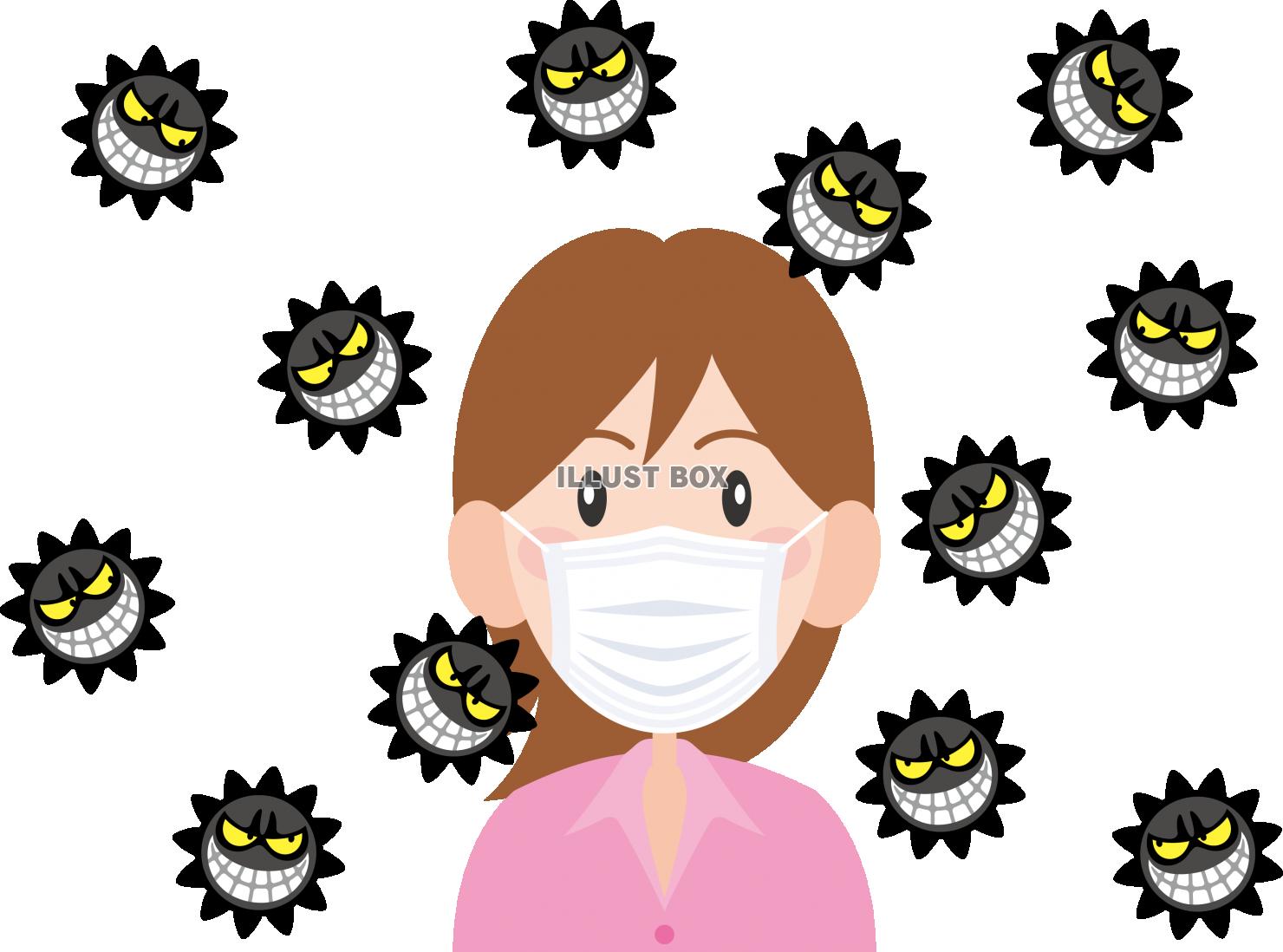 ウイルス　マスクで感染予防する女性