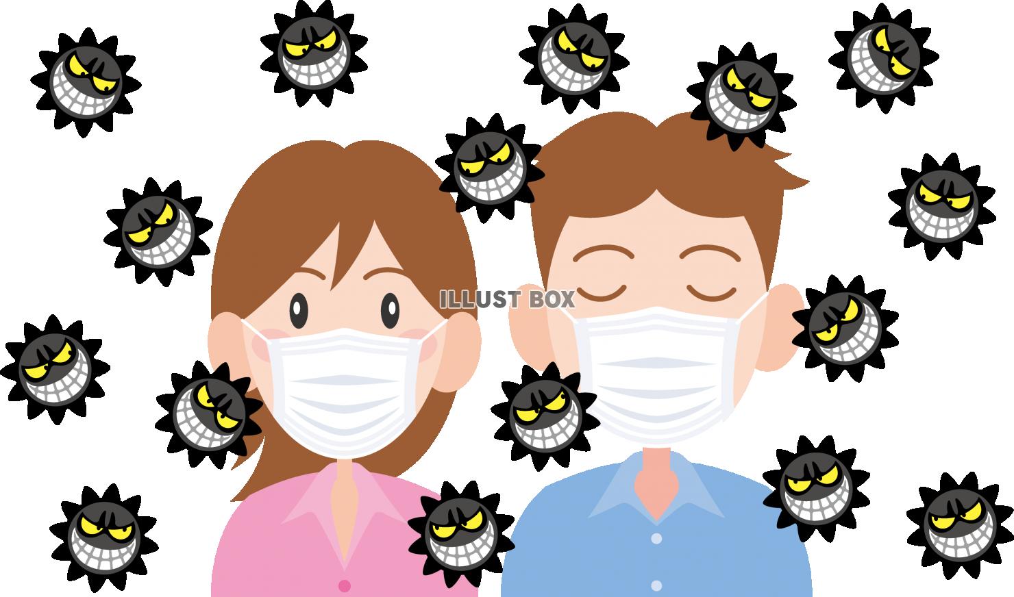 無料イラスト ウイルス マスクで感染予防する男女