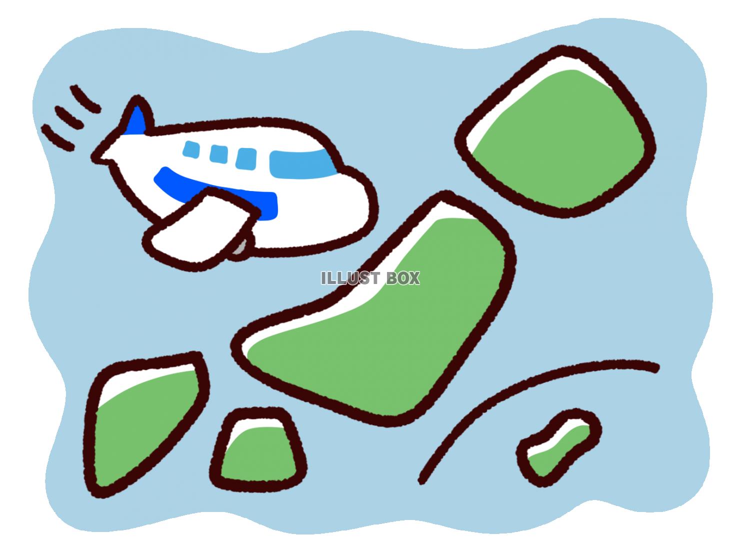 無料イラスト 手描きのデフォルメ 日本と飛行機と海