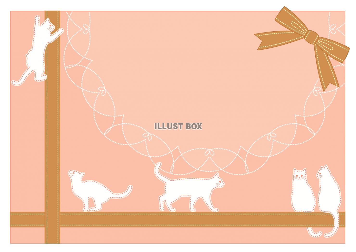 無料イラスト リボンと猫のカード（ピンク系）