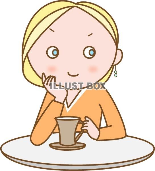 無料イラスト カフェでコーヒーを飲む外国人の女性