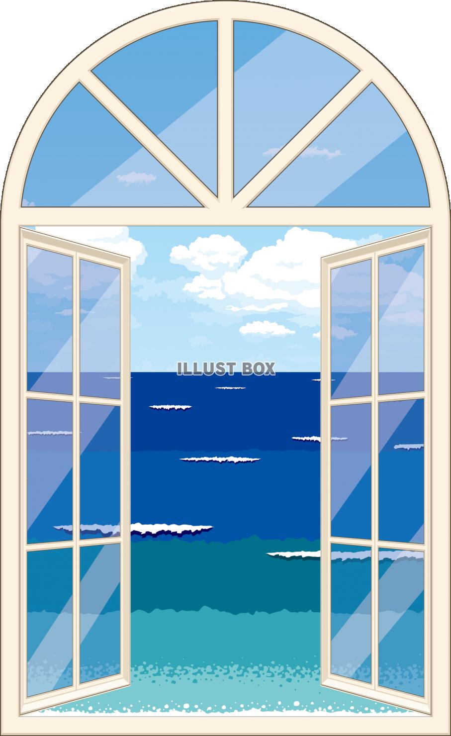 無料イラスト アーチ型の窓越しに見える海の風景