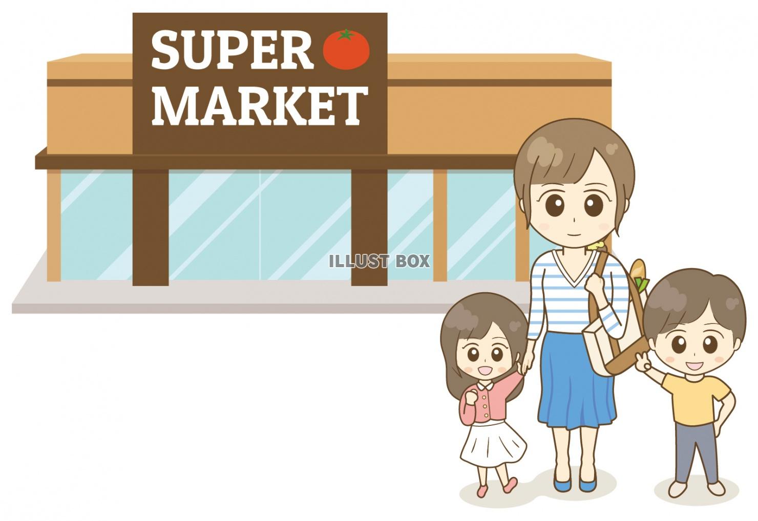 無料イラスト スーパーマーケットに買い物に来た親子 男の子 女の子 子供